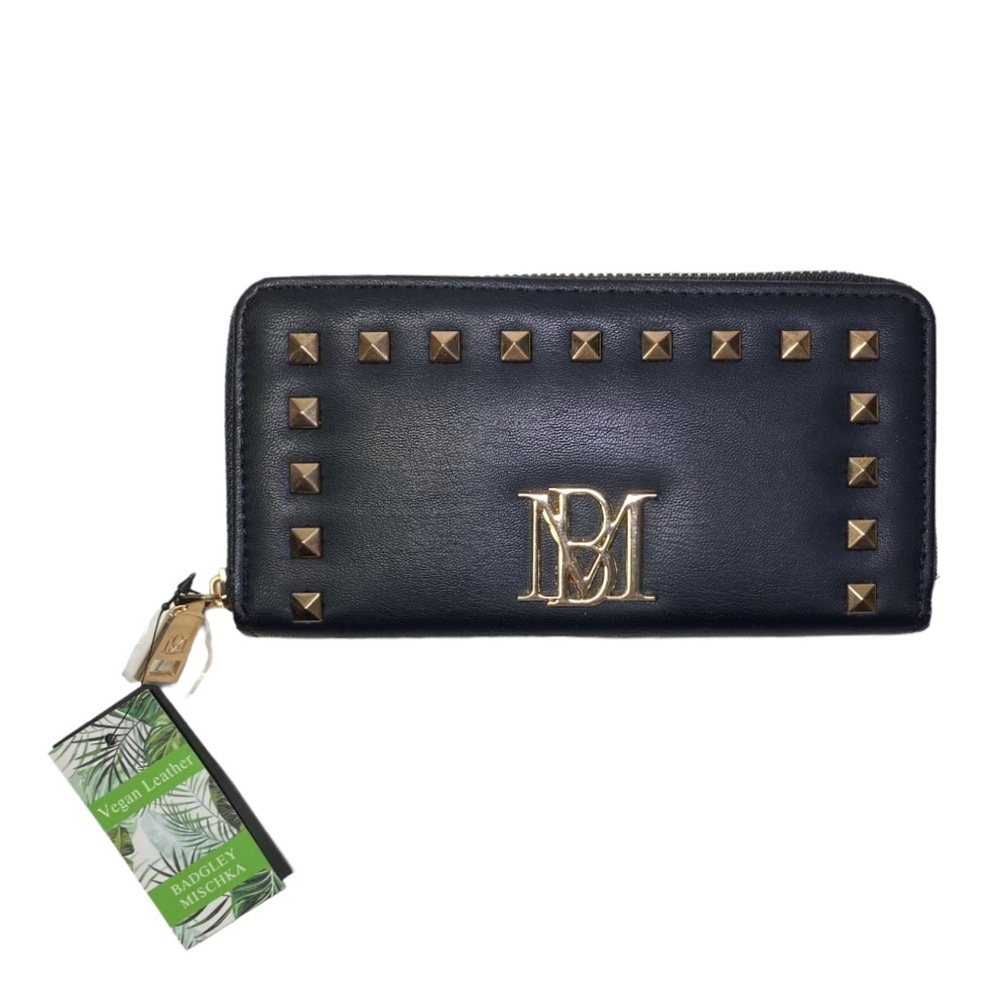 NWT Badgley Mischka Black Zip Around Wallet/ Clutch Purse With Large Gold Studs - Picture 12 of 12